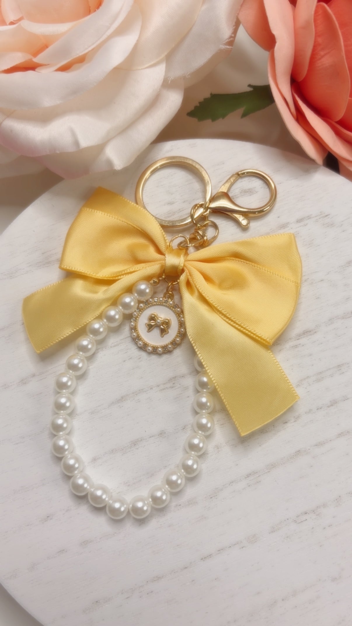 Yellow Bow and Pearl Keychain