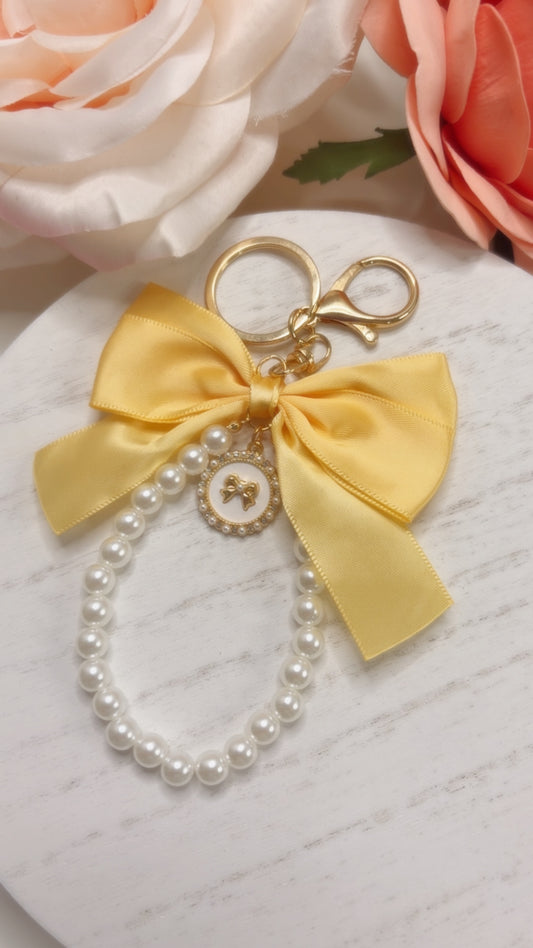 Yellow Bow and Pearl Keychain
